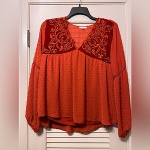 Maurice’s beautiful burnt orange Swiss dot long sleeve velvet bodice blouse